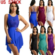 Womens Sequins Dance Dress Asymmetric Ballroom Latin Ballet Skating Dancewear