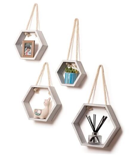 Dual Purpose Floating or Hanging Hexagon Shelves - Washed White Set of 4