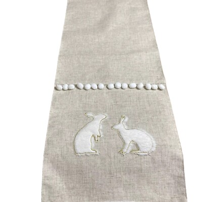 Linen Table Runner Bunny Rabbit Beige White Fuzzy  Easter Spring Lined 70 x 13''