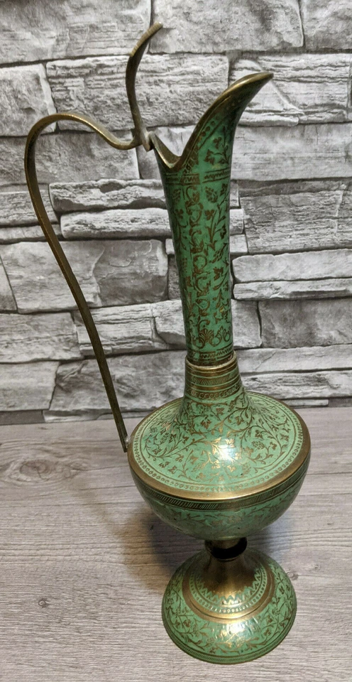 Vintage 13" India Brass Etched Ornate Pitcher Ewer Jug Coffee Tea Pot Decoration - Image 2 of 4