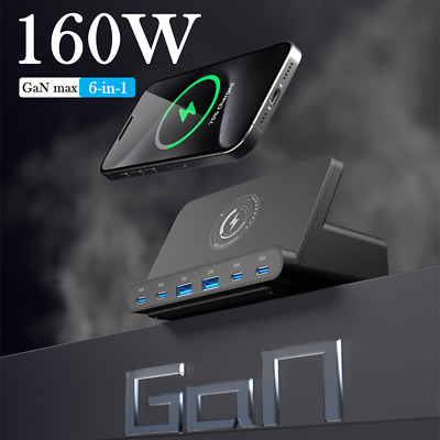 160W 6-Port Multi USB Type-C 65W PD Fast Charger Phone Wireless Charging Station