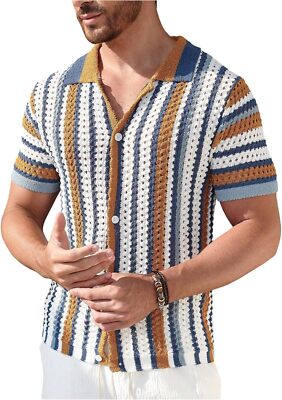 Men's Half Sleeve Crochet Knit Shirt Striped Hollow Out Collared Button Down Top