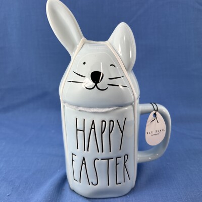Rae Dunn Light Blue Easter Bunny Mug with Topper Happy Easter NEW
