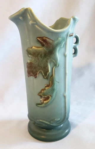 Vintage Art Deco Weller Pottery Handled Vase with Oak Leaves & Acorns, 6 1/2"