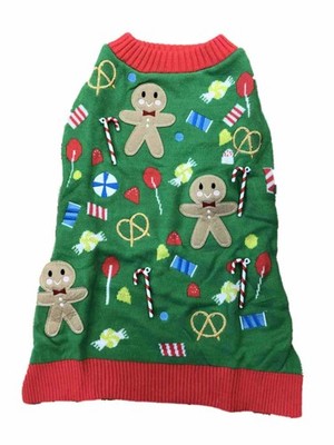 Green Holiday Christmas Treats Ginger Bread Man Dog Sweater Pet Costume Medium