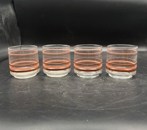 Libbey Striped Cocktail Glasses Low Ball Brown & Pink Set Of Four Vintage Bar
