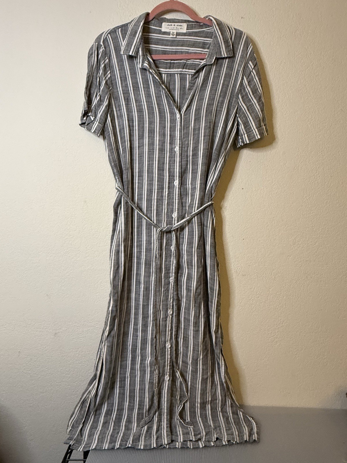 Anthropologie Women's Cloth & Stone Striped Button-Down Grey Shirt Dress Size M