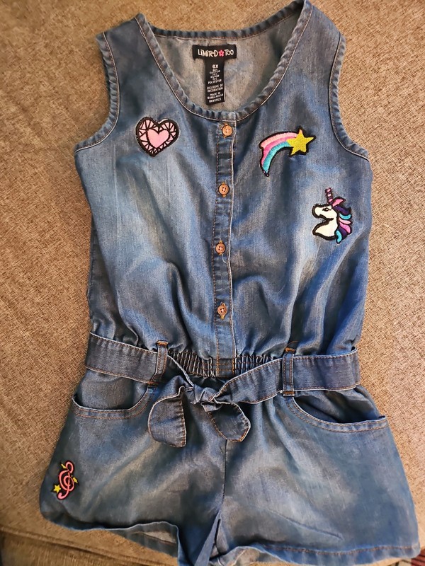 Limited Too Girls Soft Denim Belted ROMPER - 6X- Unicorn, Rainbow, Heart, Music
