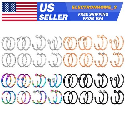 2 PCS 20G Surgical Steel Nose Hoop Ring Nostril Ear Helix Body Piercing Jewelry