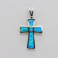 Blue FIRE OPAL Cross Pendant - 925 STERLING SILVER Rhodium - Necklace 515e