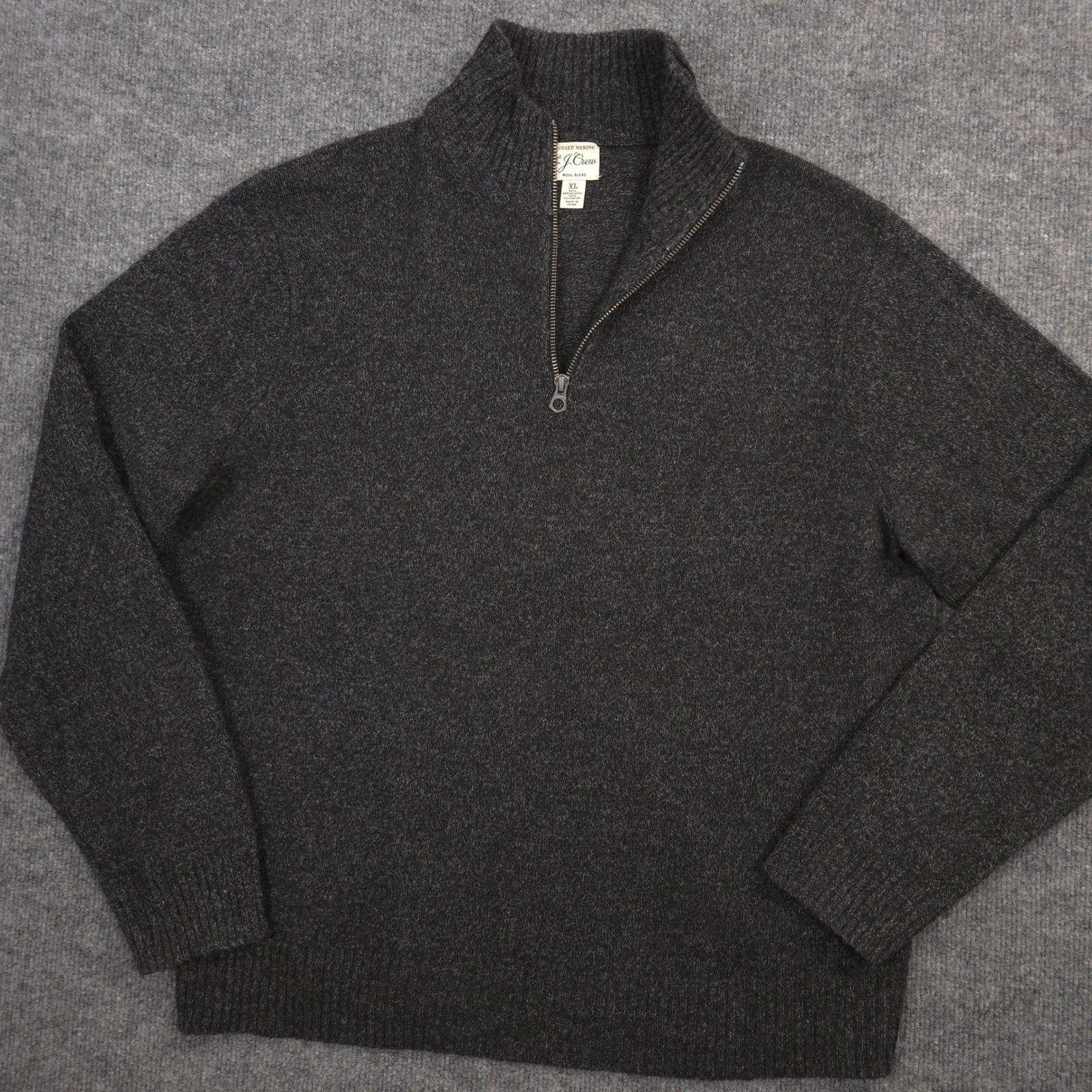 J Crew 1/4 Zip Sweater Mens XL Dark Gray Marled Rugged Merino Wool Blend Preppy