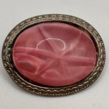 Vintage Pink Satin Glass Starburst Brooch Pin Pinwheel Cabochon Silver Tone 1"