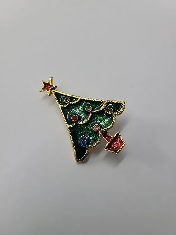 Broche de árbol de Navidad Beatrix vintage esmalte verde tono dorado prendedor navideño firmado Foto 3 de 4
