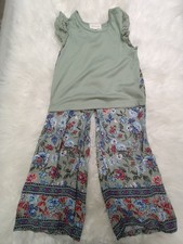 btween Girls Size 6 Floral Pants Set Green Sleeveless Top Lace Accents 2 Piece