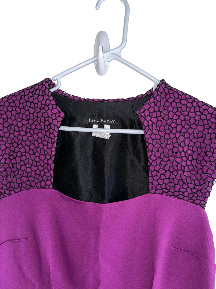 Lida Baday Womens Midi Sheath Dress Sz 12 Purple Black Queen Anne Neck Lace  - Image 2 of 4