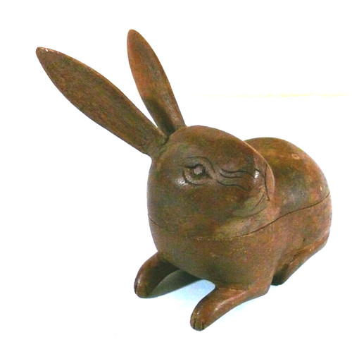 Vintage Wood Figural Rabbit Carved Snuff Trinket Box Japanese Folk Art Figurine