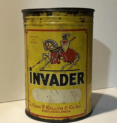 Vintage 5lb Invader Motor Oil Grease Metal Can Chad. F. Kellom & Co. Phila PA