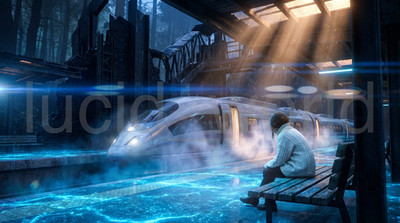 Sci-Fi Cinematic Train Station Digital Download 4K Wallpaper Surreal Futurism