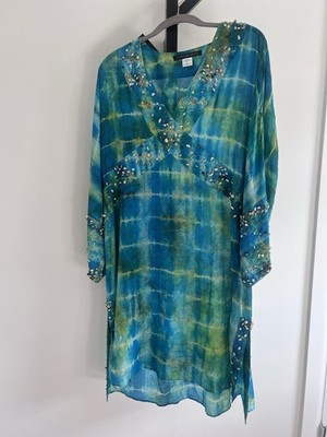 Josie Natori Couture S Silk Chiffon Blue Green Tie Dye Beaded V-Neck Tunic