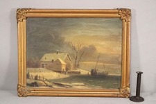 GREAT 19TH FOLK ART OIL PAINTING OF A FARMHOUSE NEAR A RIVER WITH FISHING BOATS