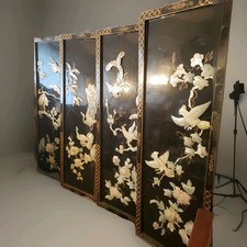 Antique Oriental Black Lacquer Wall Panels 4pc Set Mother of Pearl Floral Birds