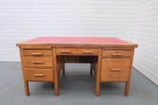 VINTAGE OAK TWIN PEDESTAL TEACHERS / OFFICE DESK WITH RED INLAID TOP