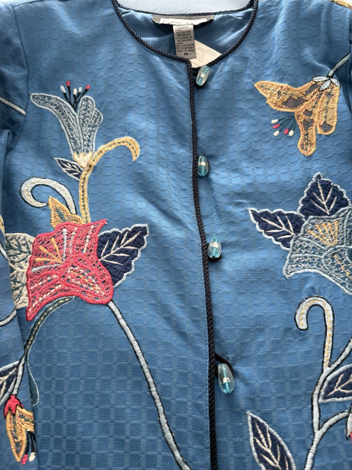 Indigo Moon Blue Embroidered Floral Button-Down Jacket Women’s Medium Mid-Length