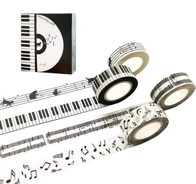 Black and White Piano Note Melody Keyboard Cat Staff Stave Score Music Washi Tap