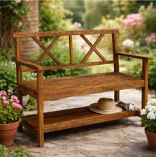 2 Seater Wooden Garden Bench Outdoor Patio Loveseat Rustic Storage Shelf Chair