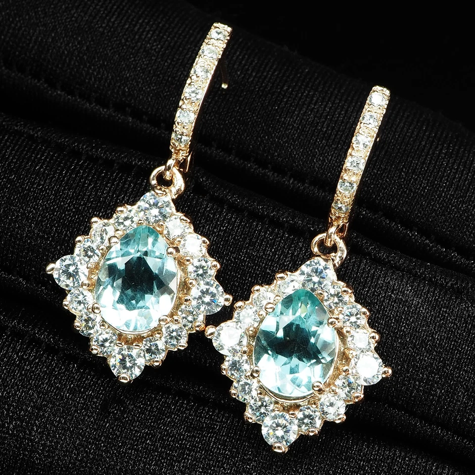 Pendientes de oro rosa de plata de ley 925 de 4,02 quilates y aguamarina azul cristal aterciopelado Foto 3 de 4