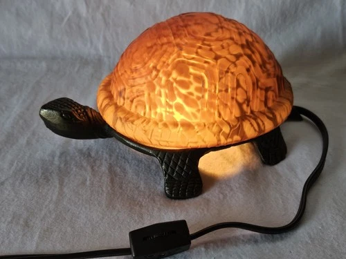 Vintage Tiffany Style Brass & Amber Glass TURTLE NIGHT LIGHT Table Lamp