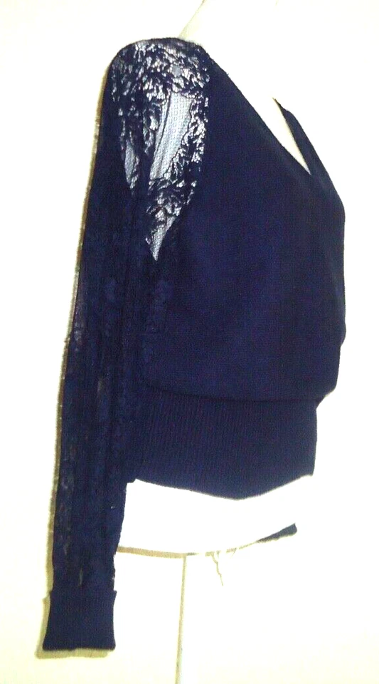 Moda Para Mujer Azul Cuello en V Suéter Tejido Mangas de Encaje y Cintura con Bandas Talla-S Foto 4 de 4