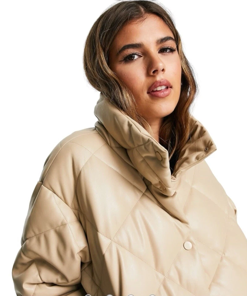 Stradivarius Faux Leather Padded Puffer Jacket Beige Women’s UK Size XS - Image 4 of 4