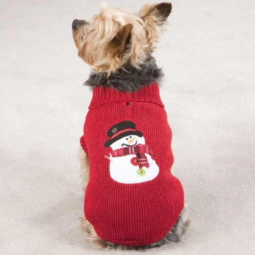 Casual Canine SNOWMAN Dog Sweater Ribbed Neck/Hem/Cuffs Back Leg-Straps RED