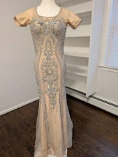 Colors Couture Embellished Beige Silver Gown Sz 2