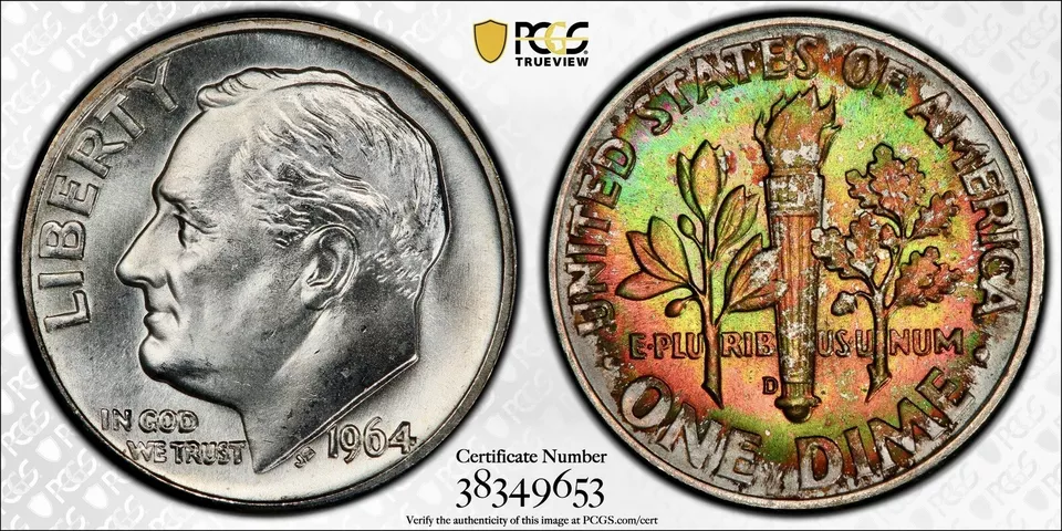 Rosevelt Silver Dime 1964 D PCGS MS 66 Uncirculated 10c Coin Rainbow Toning - Image 3 of 4