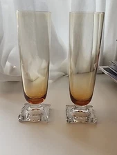 VTG 1970's Seneca Glass USA Stem Amber Slim Jim Drinkware Square Base 2-PC Set