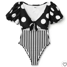 NEW! TABITHA BROWN x Target One Piece Swimsuit Puff Sleeve Polka Dot Stripes 