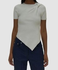  295 Helmut Lang Women's White Twist Asymmetric Crewneck Short Sleeve Top Sz XS
