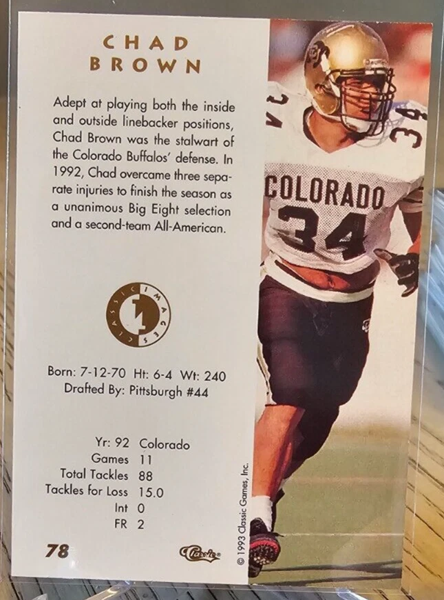 1993 Classic Images Four Sport Chad Brown RC #78 Pittsburgh Steelers - Image 2 of 2