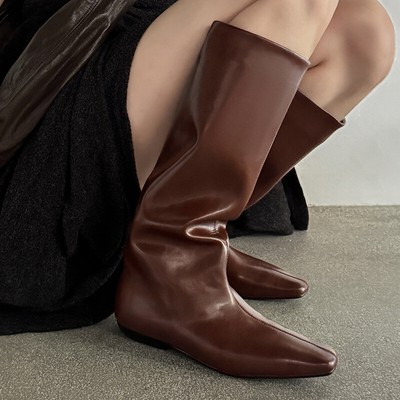 Ladies Boots Leather Knee High Boots No Heel American Style