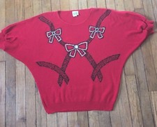 Vintage Womens Red Bow Sweater Sliver Black Gitter Short Sleeve Party S M L