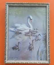 Vintage Retro 50s Vernon Ward Early Day Swan Cygnet Print Picture Frame Original