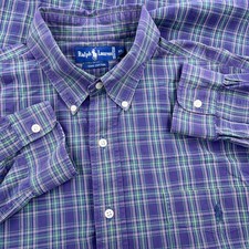 Ralph Lauren Oxford Shirt Men XL Purple Plaid Button Up Pocket OCBD Faded VTG 