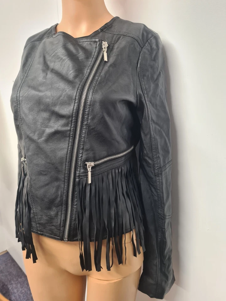 Brave Soul women faux leather biker jacket, tassels  Size S Black  - Image 3 of 4