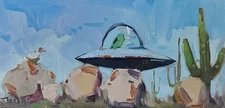 Rocks Desert Cute Spaceship UFO Art PRINT Painting by Artist Jose Trujillo