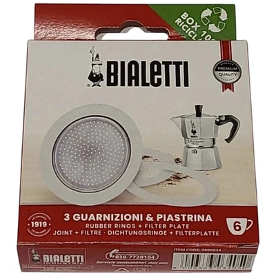 Bialetti 6 Tassen Mokkakanne Filterplatte & 3 Dichtungen/Dichtungen/Gummiringe Moka Express