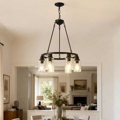 24'' Black Pendant 6 Light Farmhouse Wagon Wheel Chandelier Living Dining Fixture