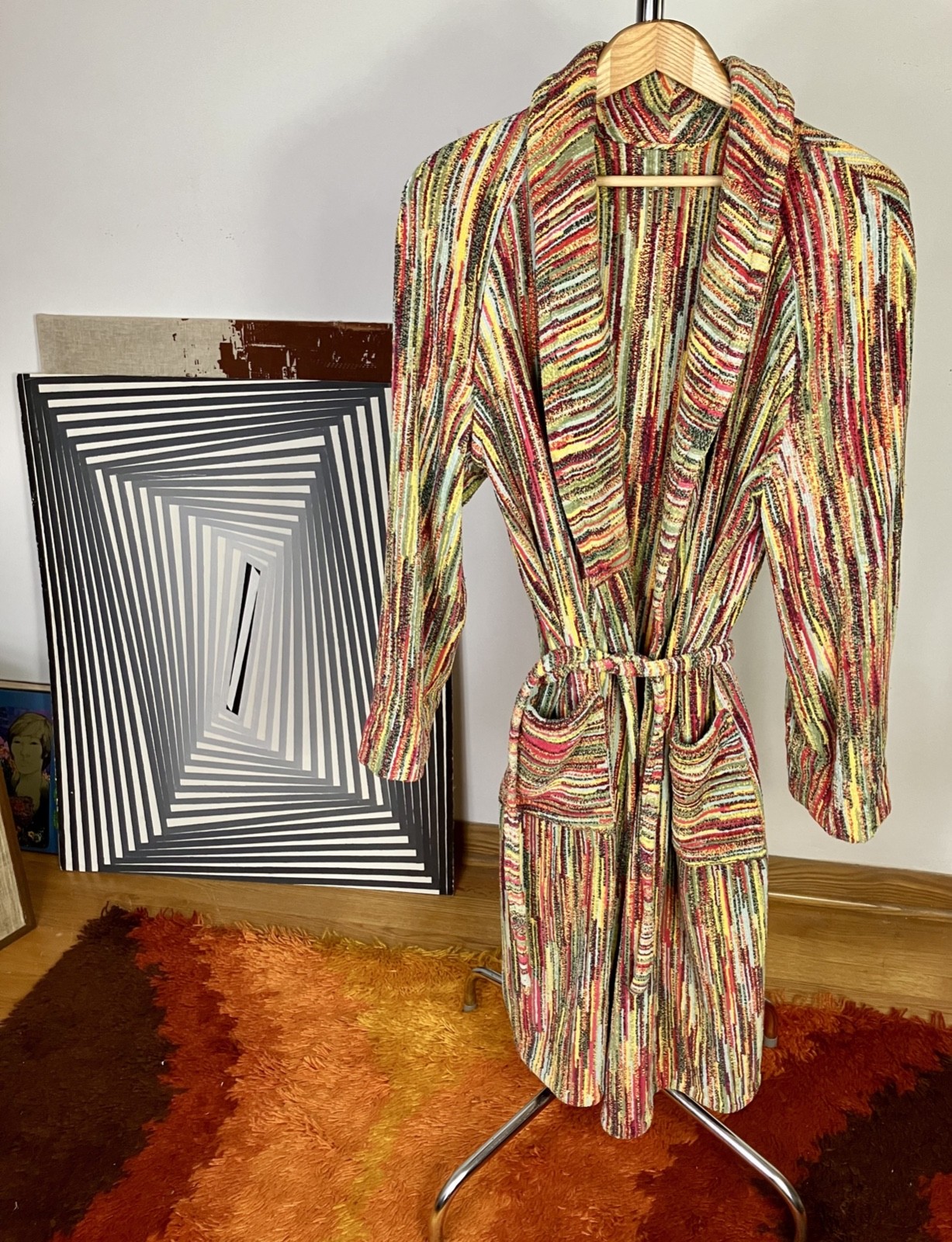 Albornoz vintage estilo Missoni unisex multicolor a rayas algodón bolsillos tejidos