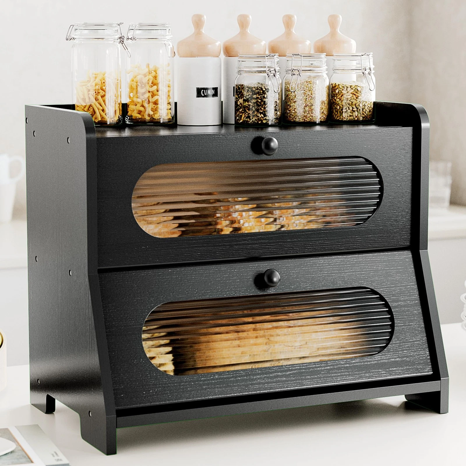 Bread Box for Kitchen Countertop,Double Layer Large Capacity Bamboo Bread Sto...